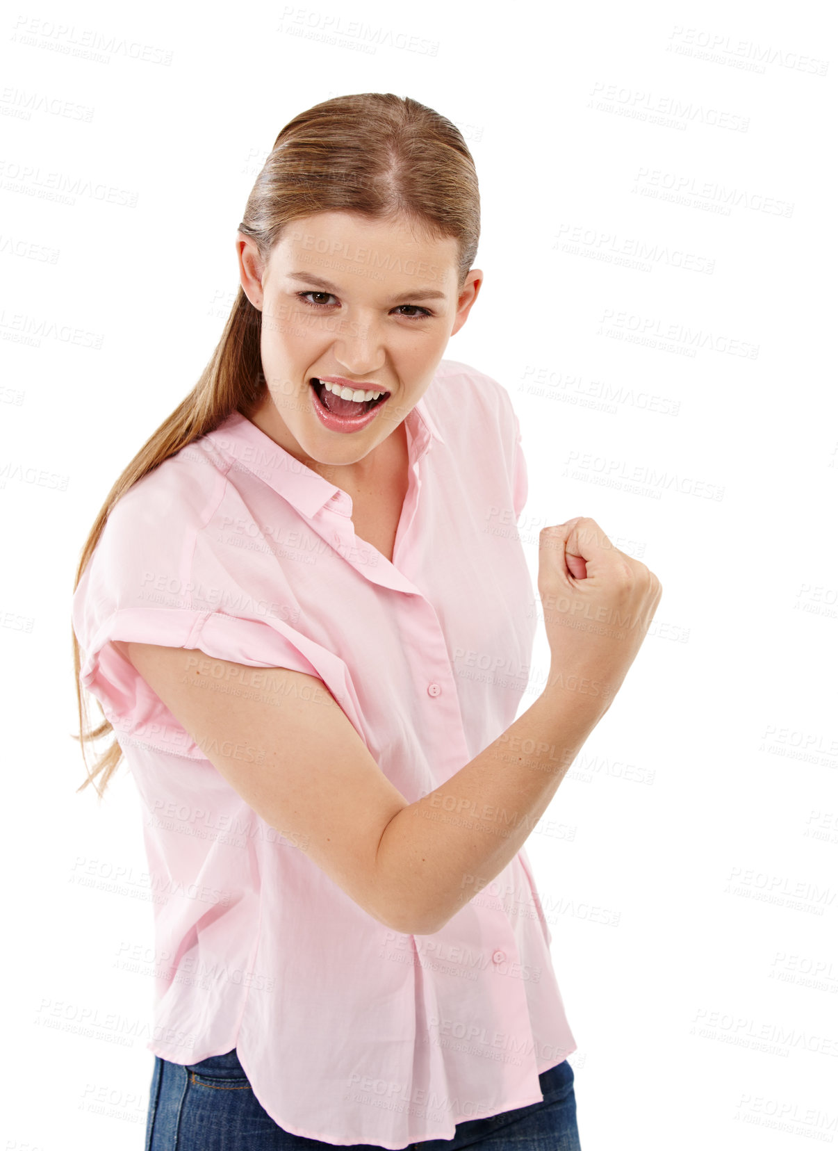 Buy stock photo Success, portrait and woman or winner for competition, sale or shopping deal with mockup space isolated on white background. Victory, gen z girl or hands to show fist, happy and in studio backdrop