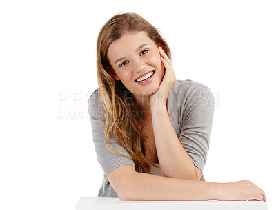 Buy stock photo Happy woman, portrait and smile in studio for glow, cosmetics and confident on white background. Gen z, female person and young model inside for makeup, lipstick and hair transformation with pride.