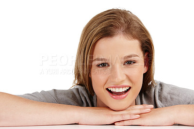 Buy stock photo Studio, table or portrait of girl with surprise, news or back to school promo isolated on white background. Model, relax and teenager with shock on face from announcement or rest on hands in mockup