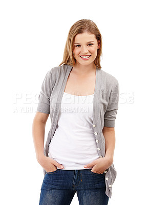 Buy stock photo Studio, portrait and girl with casual outfit by mockup for fashion, autumn style and smile with confidence. Female model, cotton clothes and pride for cool look, trendy and happy on white background 