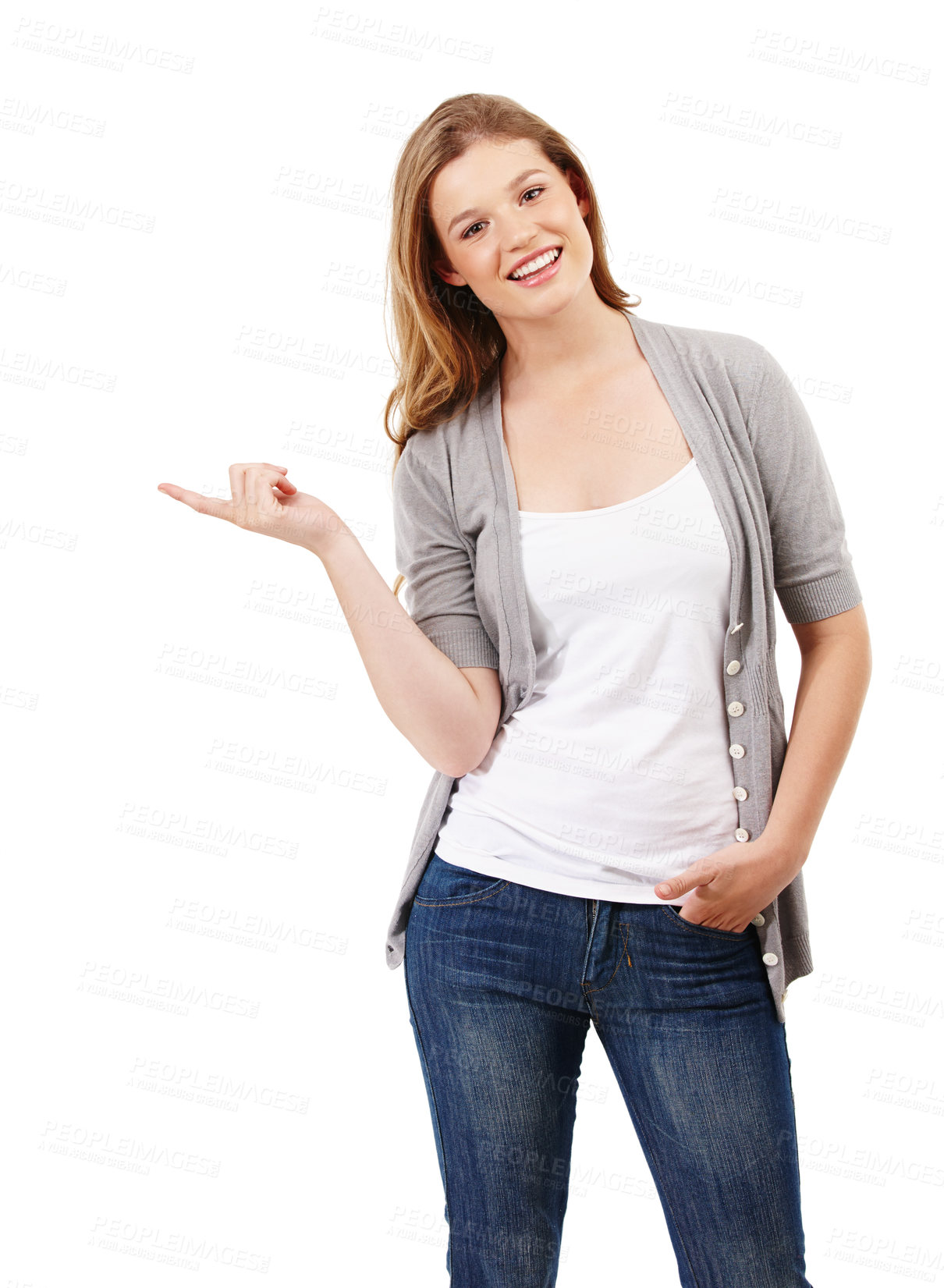 Buy stock photo Smile, pointing and portrait of woman in studio for college registration, notification or information with white background. Show, student or gen z girl for university guide, advice or decision