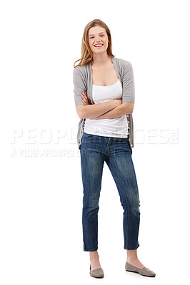 Buy stock photo Portrait of one smiling woman standing alone with her arms folded while isolated against a white background in studio with copyspace. Full length beautiful model with her arms crossed. Feeling happy