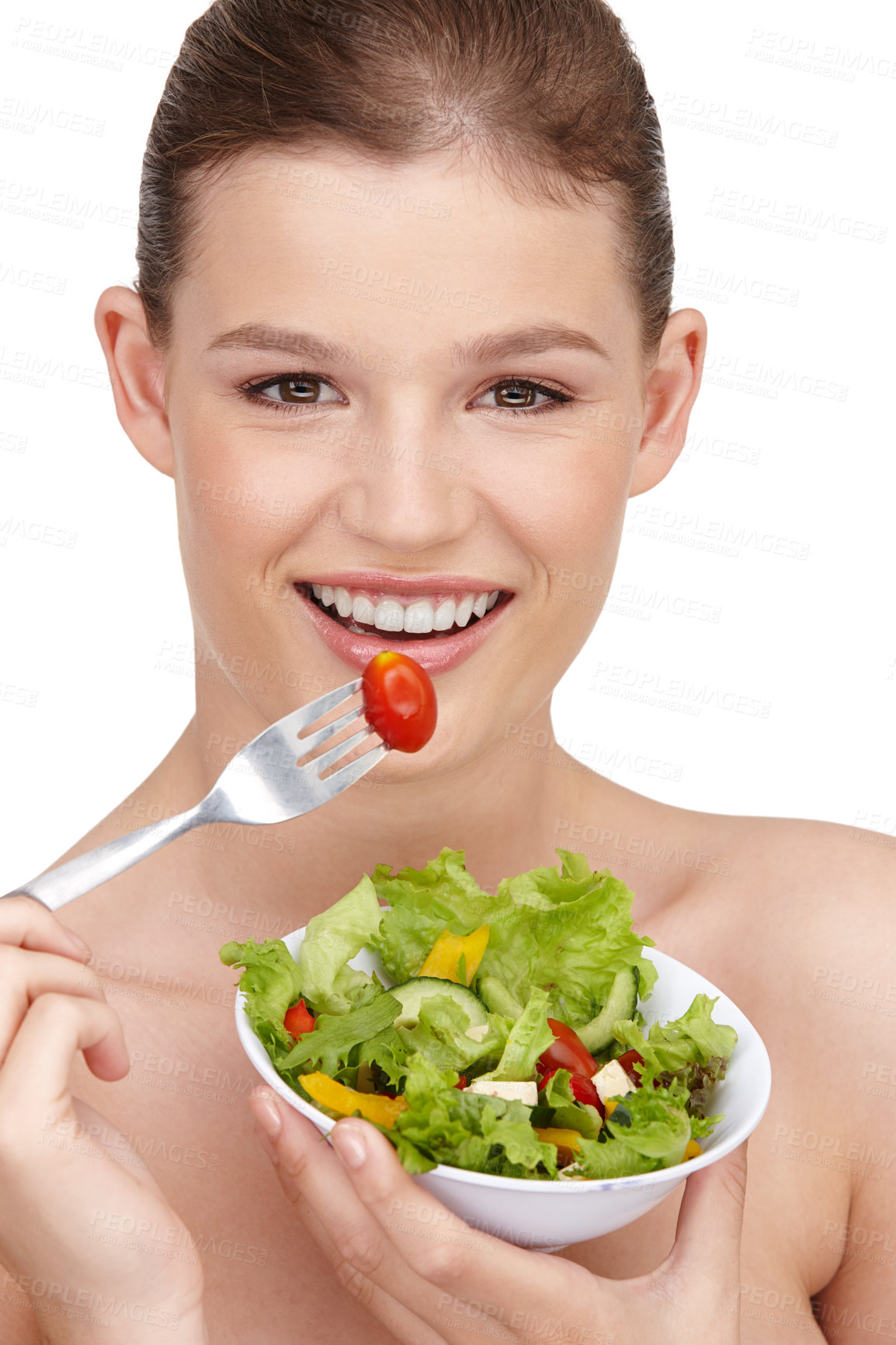 Buy stock photo A teenage girl enjoying a healthy salad