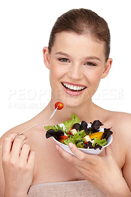 Buy stock photo Salad, health and portrait of woman in studio with weight loss for wellness with organic with vegetables. Diet, food and face of female person isolated on white background with smile for eating