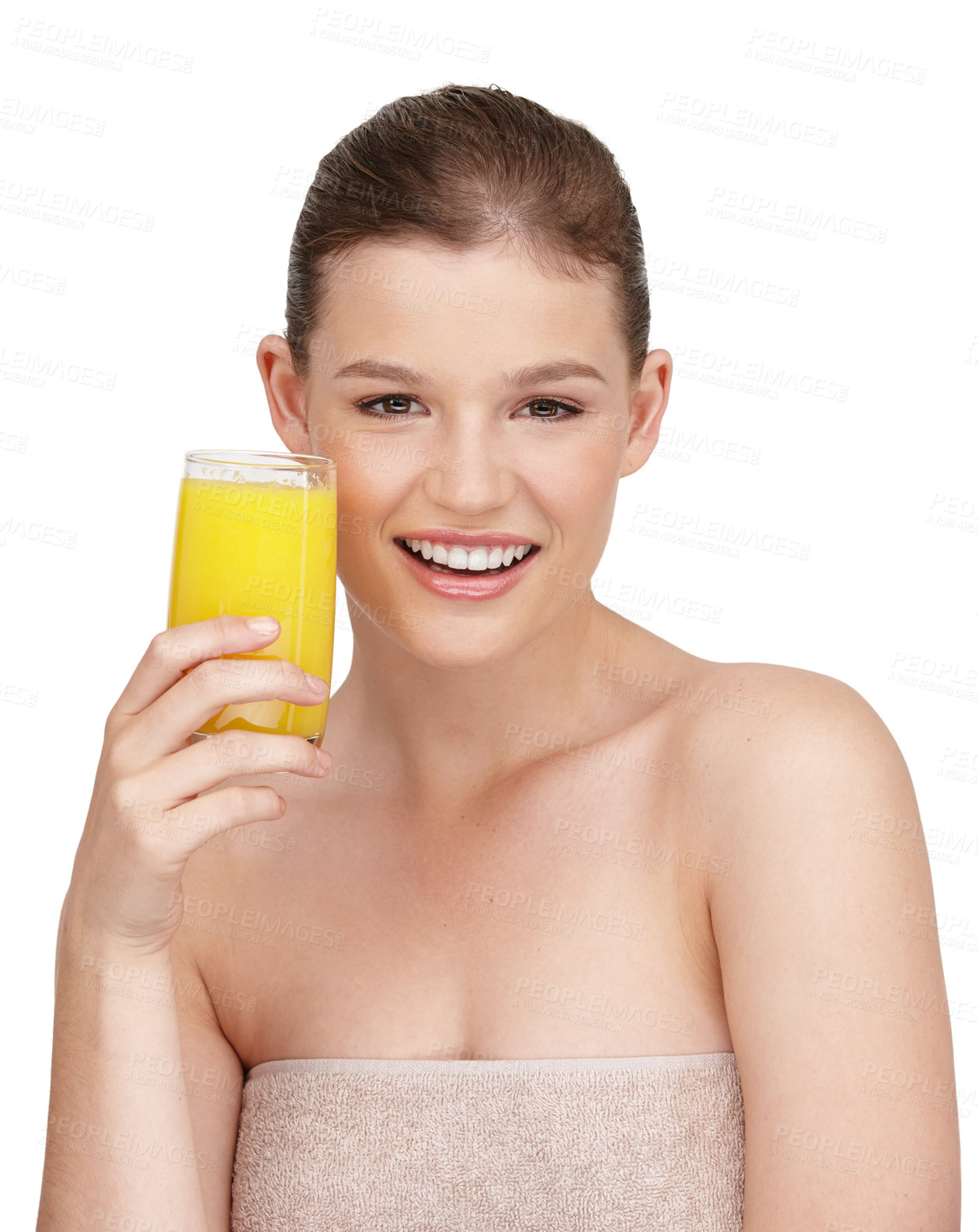 Buy stock photo Orange juice, skincare and portrait of woman in studio with nutrition for wellness or organic for health. Female person, vitamin c and natural isolated on white background with care, smile and fresh