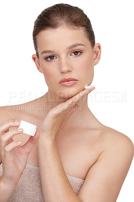 Buy stock photo Woman, facial cream or brand product in studio portrait for cosmetics, beauty and skincare. Female person, logo and cleaning with anti aging mask for dermatology, wellness and acne protection