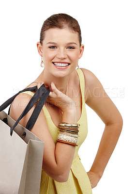 Buy stock photo Woman, shopping bag and portrait in studio for fashion, discount or spring sale with beauty and smile.Young person, customer or model with retail cosmetics, package and luxury on a white background