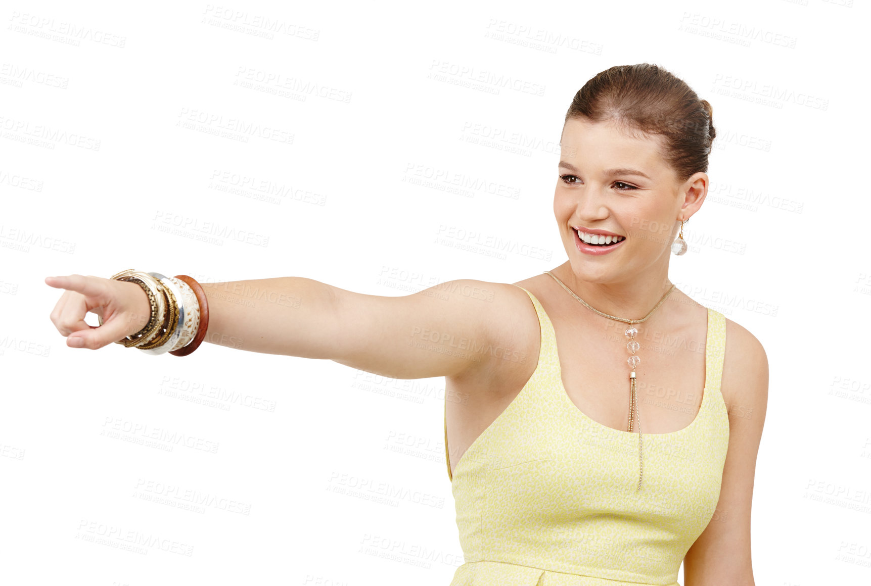 Buy stock photo Woman, happy and pointing for choice in studio, option and selection on white background. Excited female person, direction and smile for opportunity or decision, gesture and mockup space for offer