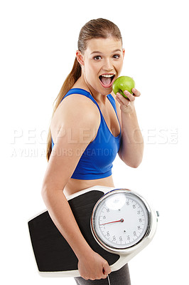 Buy stock photo Portrait of woman, apple and scale in studio background for measurement, smile and excited for results of diet. Female person, body and care for calories target, weight loss and fruit to detox