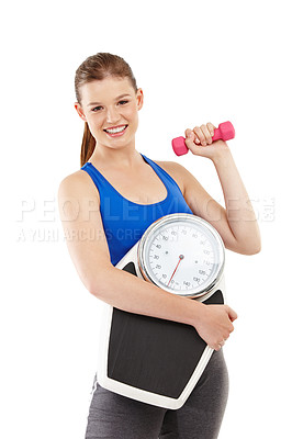 Buy stock photo Portrait of woman, dumbbell and scale in studio for measurement, smile and excited for results of training. Female person, body and care for strength or muscle, weight loss and white background