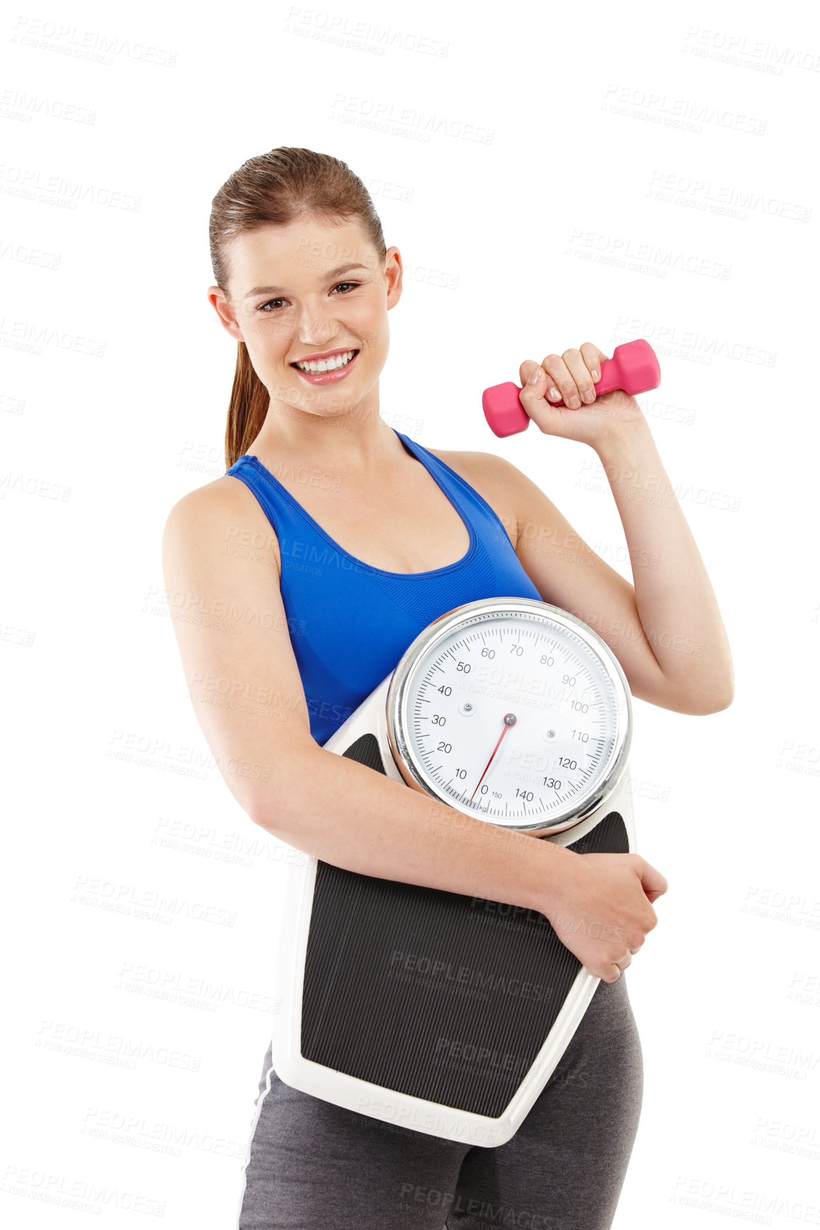 Buy stock photo Portrait of woman, dumbbell and scale in studio for measurement, smile and excited for results of training. Female person, body and care for strength or muscle, weight loss and white background