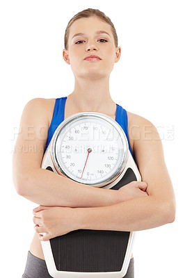 Buy stock photo Portrait, woman and fitness with scale in studio for measurement, checking and results for healthy diet. Female person, body and care for calories target or goals, weight loss and white background