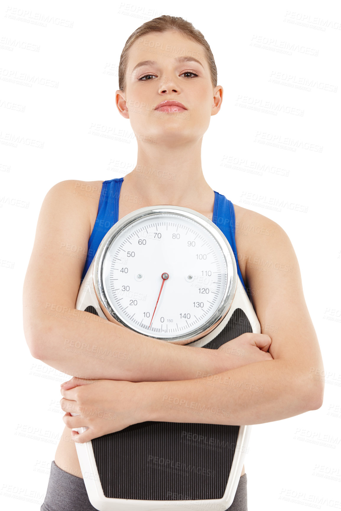 Buy stock photo Portrait, woman and fitness with scale in studio for measurement, checking and results for healthy diet. Female person, body and care for calories target or goals, weight loss and white background