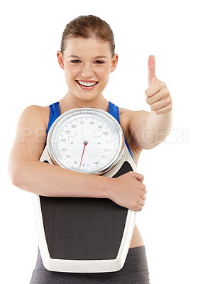 Buy stock photo Portrait of woman, thumbs up and scale in studio background for measurement, smile and excited for results of diet. Female person, body and care for calories target or weight loss with mockup space