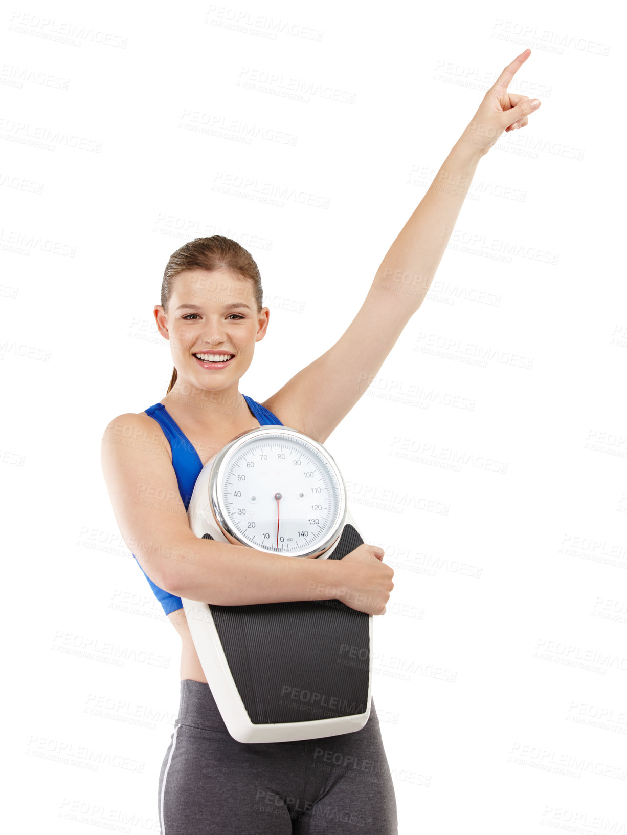 Buy stock photo Portrait of girl, pointing and scale in studio background for measurement, smile and excited for results of diet. Female person, body and care for calories target or goals, weight loss and mockup