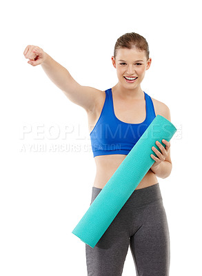 Buy stock photo Portrait, woman and exercise mat in studio for cardio, workout and fitness for healthy diet. Female person, body and care for calories target or pointing and weight loss in white background or mockup