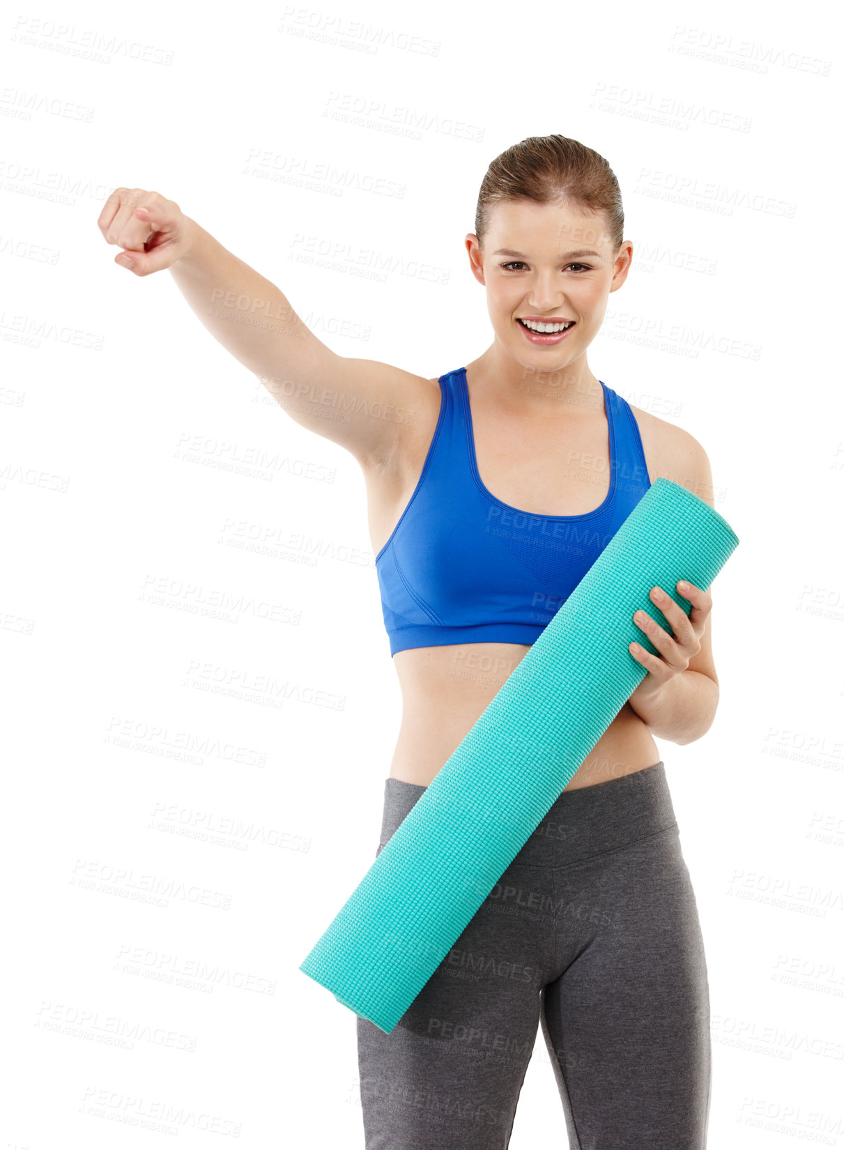 Buy stock photo Portrait, woman and exercise mat in studio for cardio, workout and fitness for healthy diet. Female person, body and care for calories target or pointing and weight loss in white background or mockup