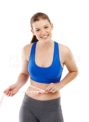 Buy stock photo Portrait of girl, smile and measuring tape in studio for measurement, happy and excited for results of diet. Female person, body and care for calories target, weight loss and white background