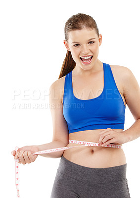 Buy stock photo Portrait of woman, measuring tape and confident in studio for measurement, smile and excited for results. Female person, body and care for calories target, weight loss or white background with mockup