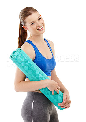 Buy stock photo Portrait, woman and exercise mat in studio background for cardio, workout and fitness for healthy diet. Female person, body and care for calories target or goals and weight loss with mockup space