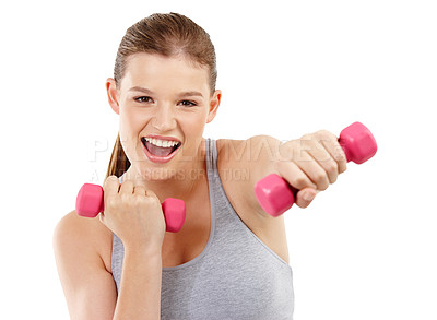 Buy stock photo A pretty teenage girl being playful while holding dumbbells