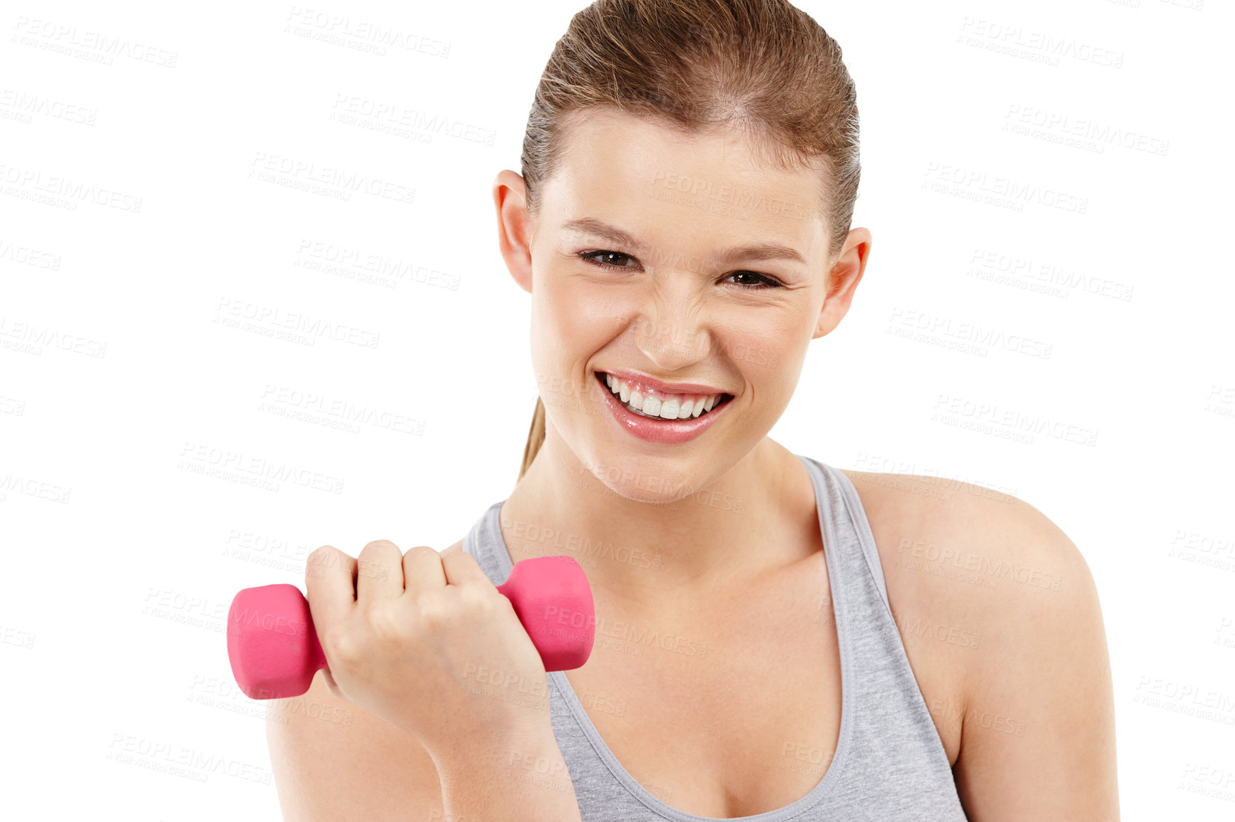 Buy stock photo Portrait, smile and dumbbells with woman, training and exercise isolated on a white studio background. Face, person and athlete with equipment or fitness with energy or stress relief with wellness