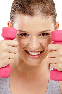 Buy stock photo Portrait, smile and dumbbells with woman, workout and exercise isolated on a white studio background. Face, happy person and athlete with equipment or training with wellness and energy with fitness