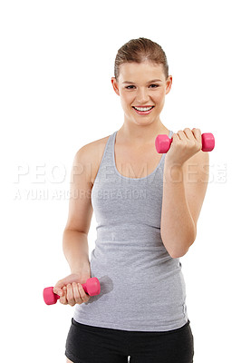 Buy stock photo Portrait of woman, dumbbell and workout in studio for training, exercise and smile for fitness results with mockup. Female person, body or care for strength or muscle, weight loss or white background