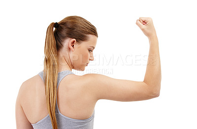Buy stock photo Bicep, girl and strong in studio, fitness and flex of muscle, wellness and training or exercise in gym. Proud, athlete and person in white background, confidence and healthy with workout and sports