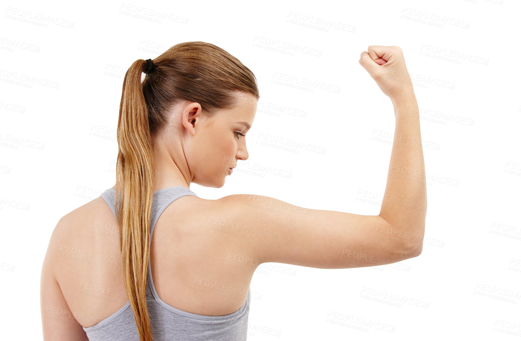 Buy stock photo Bicep, girl and strong in studio, fitness and flex of muscle, wellness and training or exercise in gym. Proud, athlete and person in white background, confidence and healthy with workout and sports