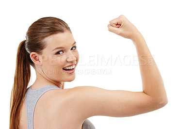 Buy stock photo Bicep, girl and strong in studio, portrait and flex of muscle, wellness and training or exercise in gym. Proud, athlete and person in white background, confidence and healthy with workout and sports