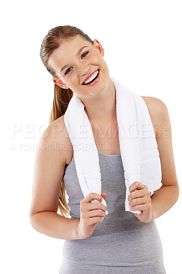 Buy stock photo A teenage girl standing with a towel around her neck after a workout