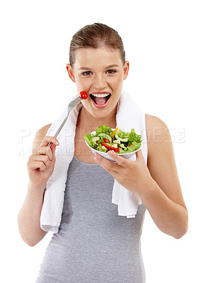 Buy stock photo Healthy, eating and portrait, girl and salad in studio, white background and wellness for body. Health, vegan and vegetables for nutrition, female person and smile for vitamin c and happy for diet