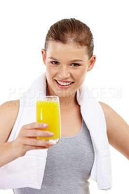 Buy stock photo Portrait, girl and studio with orange juice, glass and healthy for exercise, towel and vitamin c on white background, isolated and wellness. Drink, vitality and cheerful in sports, nutrition and diet
