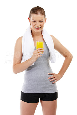 Buy stock photo Studio, exercise and girl with juice, portrait and towel for workout, sweat and benefits of vitamin c. White background, weight loss and wellness for body, fiber and health of person, smile and relax