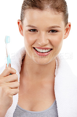 Buy stock photo Portrait, girl and toothbrush for dental in studio for healthcare, wellness and fresh for oral hygiene. Health, teeth whitening or gum care or cleaning mouth with woman as routine in white background