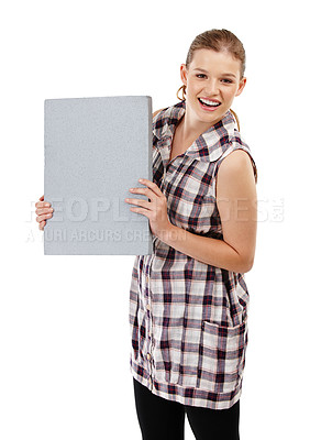 Buy stock photo Face, happy woman and board in studio with smile, mock up and advertising. Happiness, marketing and portrait of isolated female person by white background for sign with sale, branding and info poster