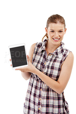 Buy stock photo Tablet screen, mockup and portrait of woman in studio with announcement, promotion or app menu on white background. Digital, space and face of gen z model show contact, information or sign up offer