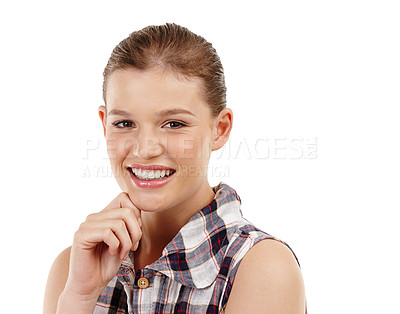 Buy stock photo Portrait, student and girl with hand on chin in studio for education, learning or studying goals on white background. Happiness, face and gen z person for knowledge, scholarship or academic youth