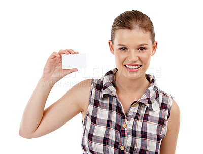 Buy stock photo A pretty teenage girl holding up a blank card