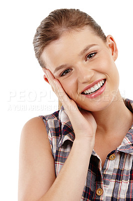 Buy stock photo Fashion, portrait and shy girl in studio with stylish, trendy clothes and flannel shirt on white background. Smile, aesthetic and embarrassed gen z person for happiness, hand on face or plaid outfit