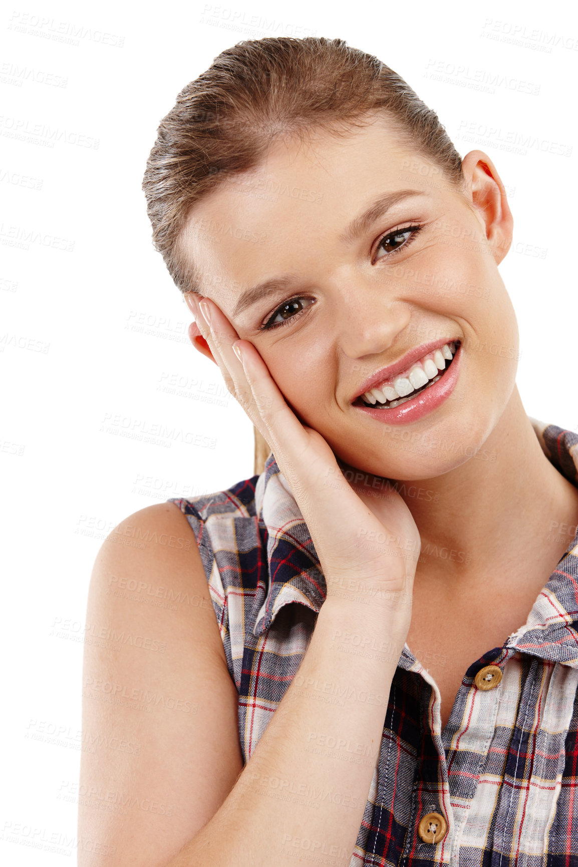 Buy stock photo Fashion, portrait and shy girl in studio with stylish, trendy clothes and flannel shirt on white background. Smile, aesthetic and embarrassed gen z person for happiness, hand on face or plaid outfit