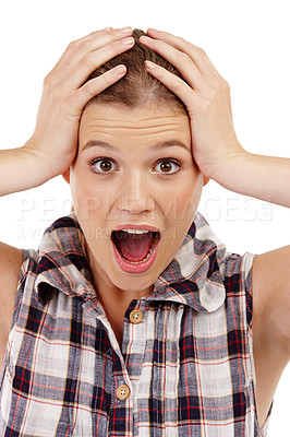 Buy stock photo Studio, wow and girl in portrait with face, shock or mind blown with gossip news. Happy, female model and surprise reaction for announcement, promotion or competition prize on white background