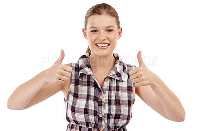 Buy stock photo Studio, portrait and girl with thumbs up or smile for support, approval and agreement. Female teenager, happiness and hand gesture or emoji for win, thank you and yes or like by white background