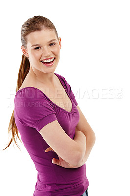 Buy stock photo Woman, smile and studio with arms crossed in portrait with gen z or teenager for happiness or confidence. Inspiration, style and positive attitude isolated on white background with pride for youth