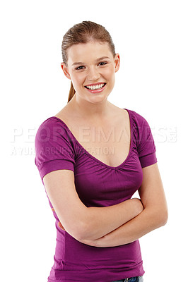 Buy stock photo Woman, arms crossed and smiling in studio portrait for confidence, style and fashion in smart casual shirt. Female person, happy and relaxed on white background for work clothes or professional wear