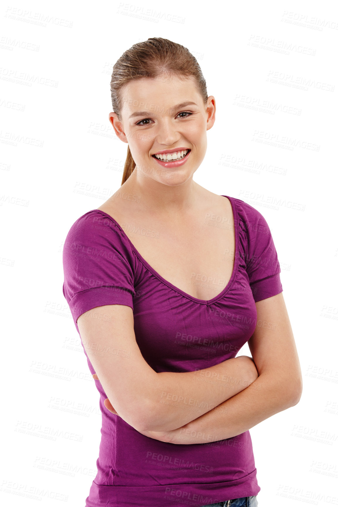 Buy stock photo Woman, arms crossed and smiling in studio portrait for confidence, style and fashion in smart casual shirt. Female person, happy and relaxed on white background for work clothes or professional wear