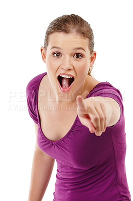 Buy stock photo Woman, portrait and pointing for shock in studio, option and selection on white background. Happy female person, direction and surprise for opportunity or decision, gesture and promotion for offer