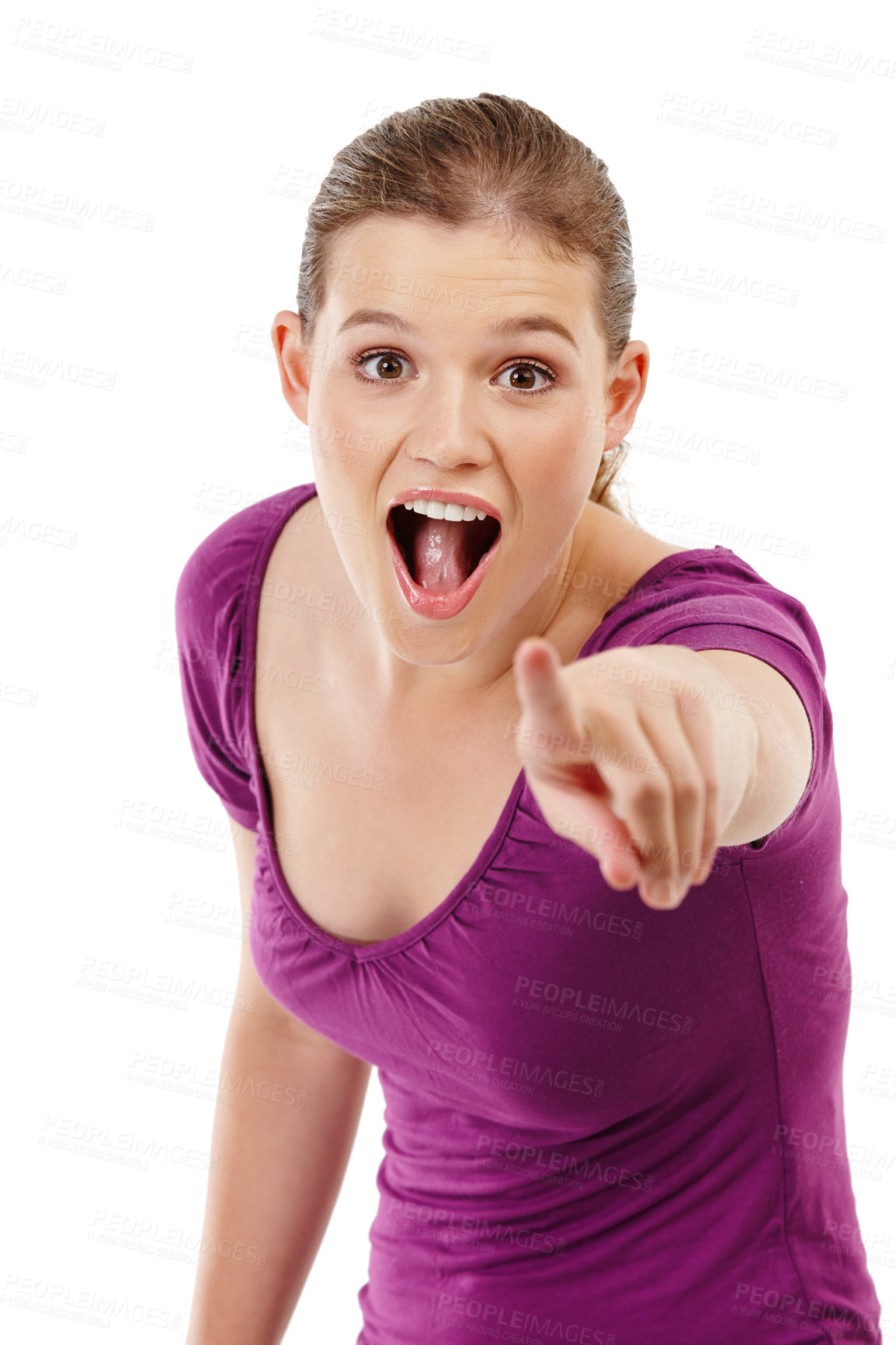 Buy stock photo Woman, portrait and pointing for shock in studio, option and selection on white background. Happy female person, direction and surprise for opportunity or decision, gesture and promotion for offer