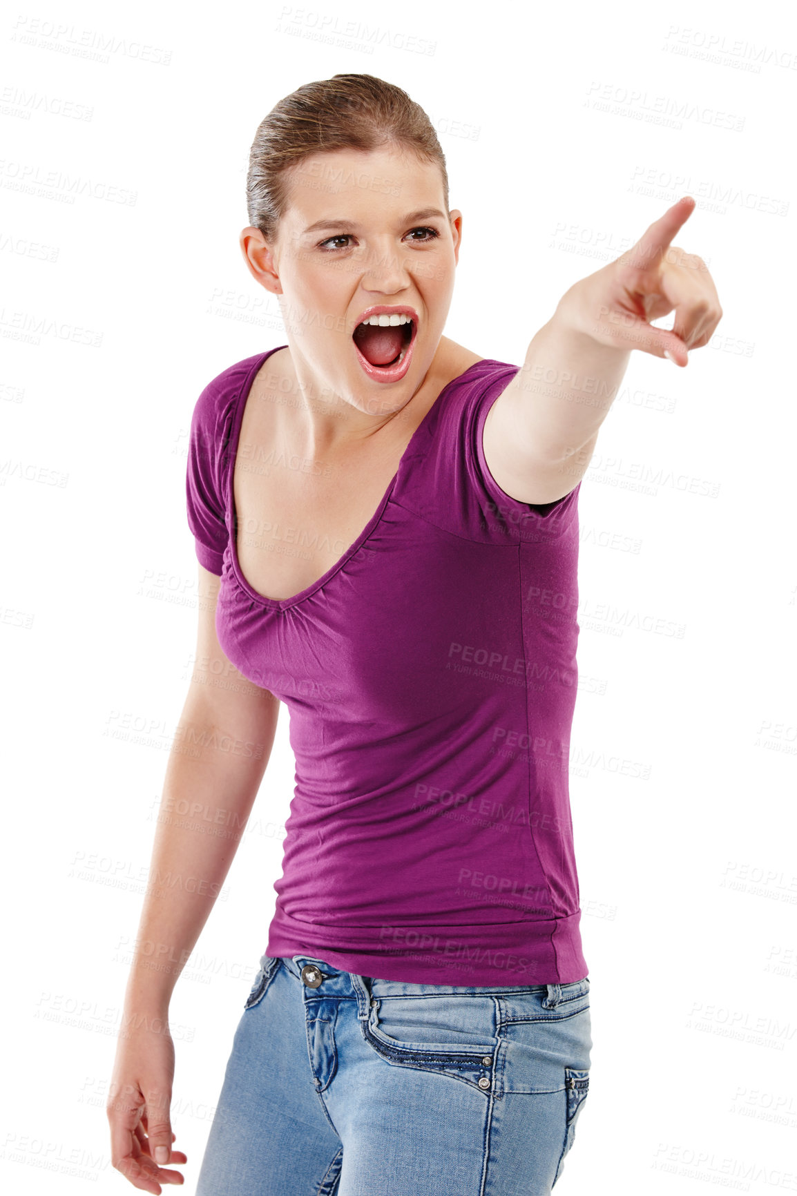 Buy stock photo Wow, surprise and girl with hand pointing in studio for news, announcement or offer on white background. Omg, shock and gen z model show unexpected deal, giveaway or competition, results and promo